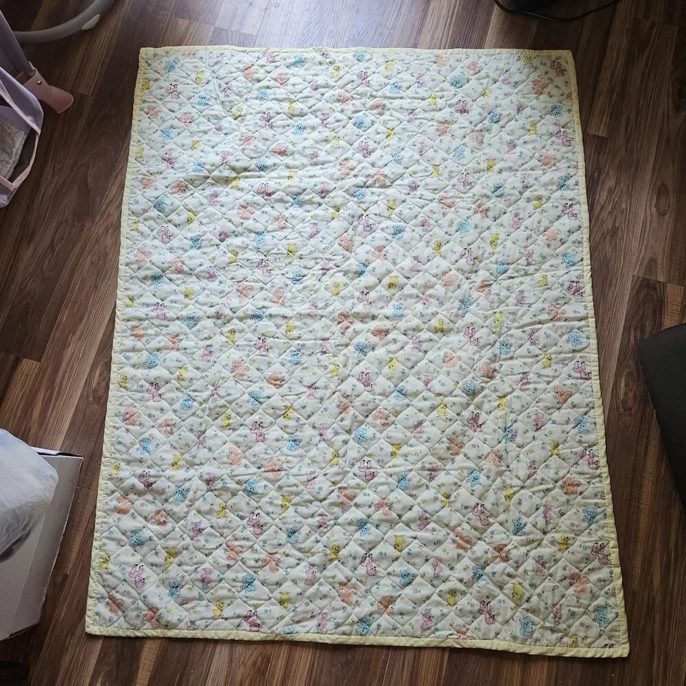 Vintage Baby Girl Handmade Patchwork Blanket & Pillow Set Nursery Crib, Bunnies
